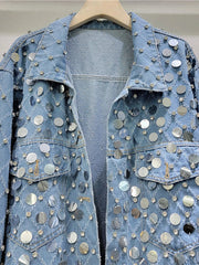 Diamond Shaped Rhinestone Sequin Old Blue Denim Jacket