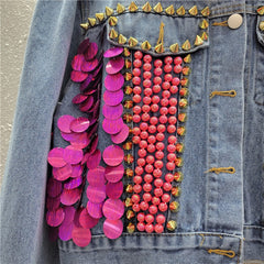 Sequined Puff Sleeve Short Denim Jacket