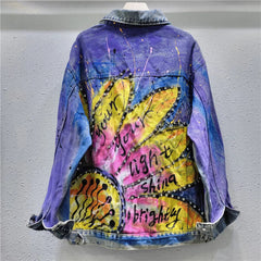Diamond Studded Hand Drawn Graffiti Denim Jacket