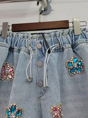 Handmade Flower Diamond Embedding Wide Leg Denim Shorts