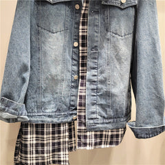 Irregular Spliced Plaid Loose Fit Denim Jacket