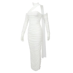 White Mesh Hanging Neck Ribbon Dress