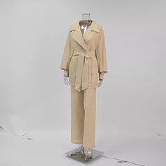 Solid Loose Long Sleeve Waistband Blazer + Pants Set