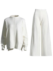 Solid Knitted Long Sleeve Top + High Waist Straight Pants