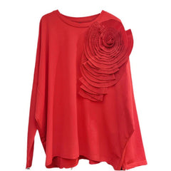 Pleated 3D Flower Loose Casual Round Neck Top