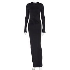 Solid Pleated Slim Bell Sleeve Maxi Dress