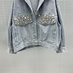 Diamond Studded Long Sleeved Loose Denim Jacket
