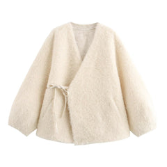 V-Neck Lace-Up Faux Fur Coat