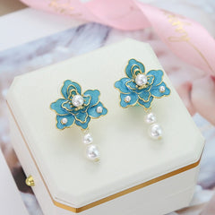 Pre Order: Blue Flower Dripping Pearl Earrings
