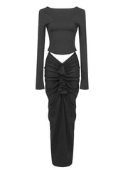 Pre Order: Black Long Sleeved Backless Top + Pleated Elastic Slim Fit Skirt