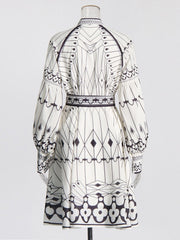 Printed Stand Collar Lantern Sleeve Dress