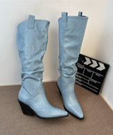 Fashion Splicing Chunky Boots Blue Faux Leather Pointed Toe