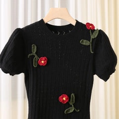 Pre Order: Black Floral Knitted Midi Dress