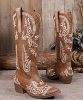 Boho Brown Embossed Solid Faux Leather Chunky Chunky Boots