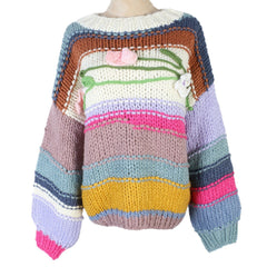 Striped Loose Long Sleeved 3D Flower Sweater