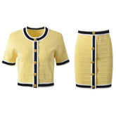 Slim Fit Gold Buckle Round Neck Short Cardigan + Skirt