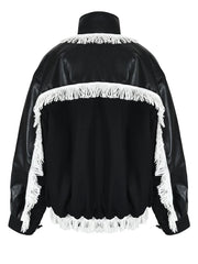 Tassel Spliced Black Leather Jacket