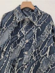 Patchwork Washed Burrs Tassel Long Sleeve Jacket