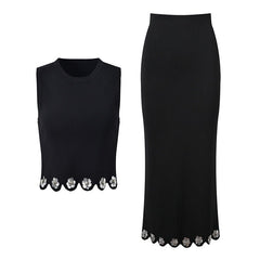 Pre Order: Black Sequin Flower Sleeveless Knitted Tank Top + Skirt