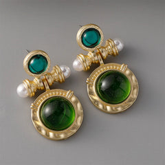 Retro Circle Gemstone Pearl Earrings