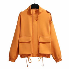 Solid Loose Drawstring Zip Up Oversized Jacket