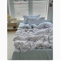 Cute Princess Fashion Lattice Bedding Set Bed Sheet AB Double Sided Ruffle Flower Quilt Cover Pillowcase Bedclothes Home Textile