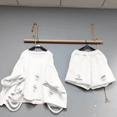 Loose Distressed Shirt + Wide Leg Shorts Set