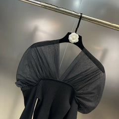 Solid V-Neck Pleated Mesh Patchwork Knitted Sweater