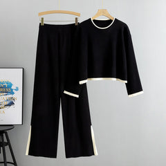 Knitted Short Sweater + Wide Leg Pants Set