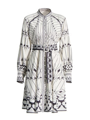 Printed Stand Collar Lantern Sleeve Dress