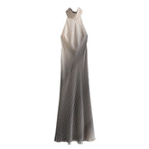 Silk Satin Texture Striped Backless Long Dress