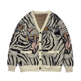 Vintage Tiger Totem V-Neck Knitted Cardigan Sweater