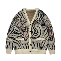 Vintage Tiger Totem V-Neck Knitted Cardigan Sweater