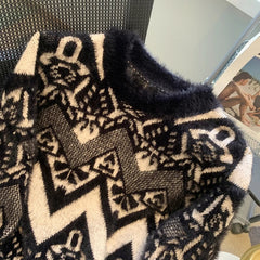 Vintage Jacquard Faux Mink Loose Knit Sweater