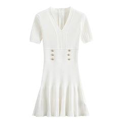V-Neck Waist Cinched Knitted Dress