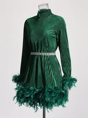 Solid Patchwork Feather Long Sleeve High Waist Dress