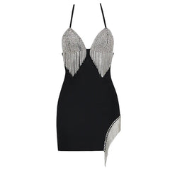 Sparkling Diamond Tassels Halter Backless Bandage Dress