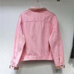 Rivet Beaded Diamond Pink Denim Loose Jacket