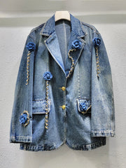 3D Flower Patchwork Gold Chain Washed Denim Jacket