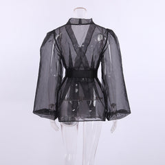 Mesh Lace Up Waist Bow Top