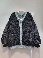 Pre Order: Black Pleated Sequined Denim Patchwork Heart Buckle Jacket