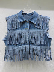 Slimming Solid Casual Fringe Short Denim Vest