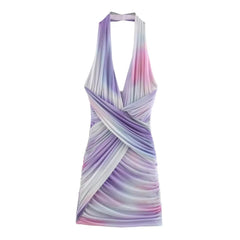 Wrinkle Mesh Bandage Halter Neck Mini Dress