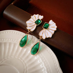 Oil Dripping Flower Emerald Water Drop Earrings