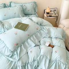 French Princess Style Bedding Sets Hepburn Style Bow Quilt Cover Romantic Bedclothes Decor Woman Girls Bedroom Duvet Cover 4pcs