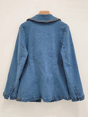 Notched Collar Pocket Rivet Long Sleeved Denim Jacket