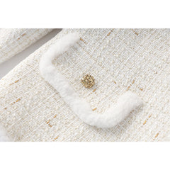 White Woolen Patchwork Belted Jacket