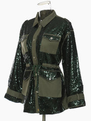 Spliced Sequins Drawstring Waist Loose Jacket