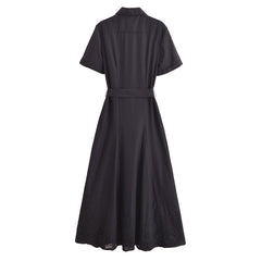 Pocket Lace Up Embroidery Midi Shirt dress