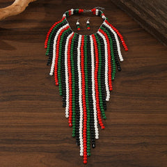 Pre Order: Bohemian Wood Bead Multi-Layer Tassel Necklace + Earrings Set